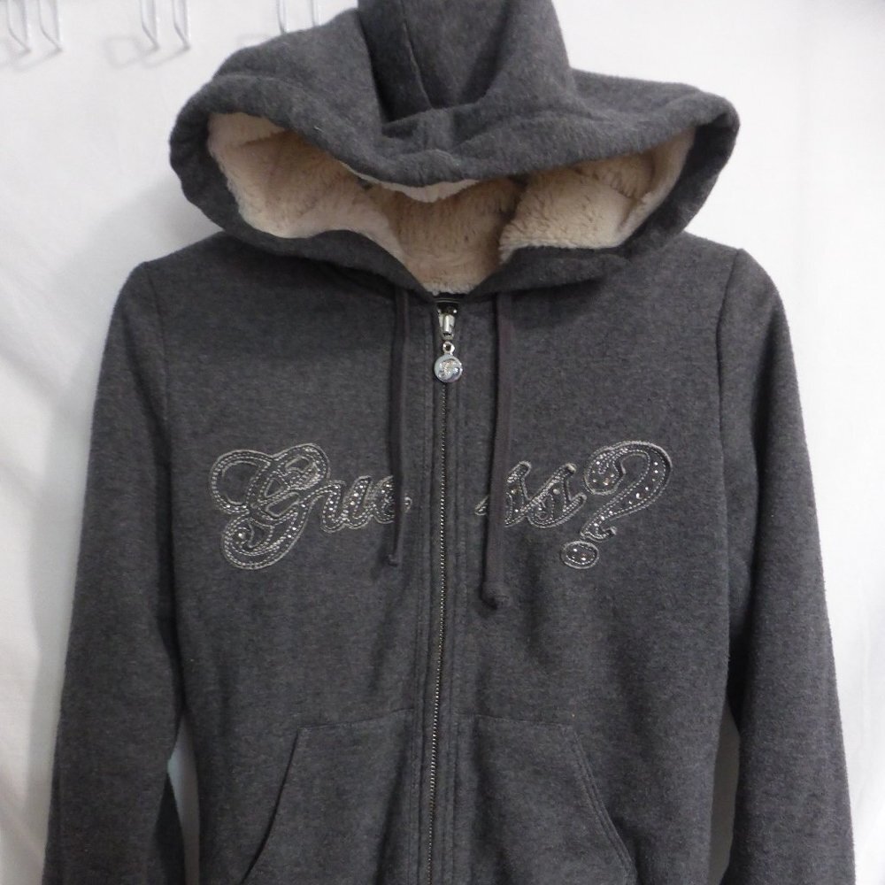GUESS | small |Zip-Up hoodie | Grey | Furry Fleece Lining | Guess Front Design